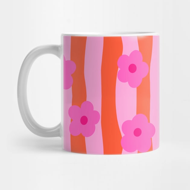 Pink Groovy Flowers on a Wavy, Stripy Orange Background by OneThreeSix